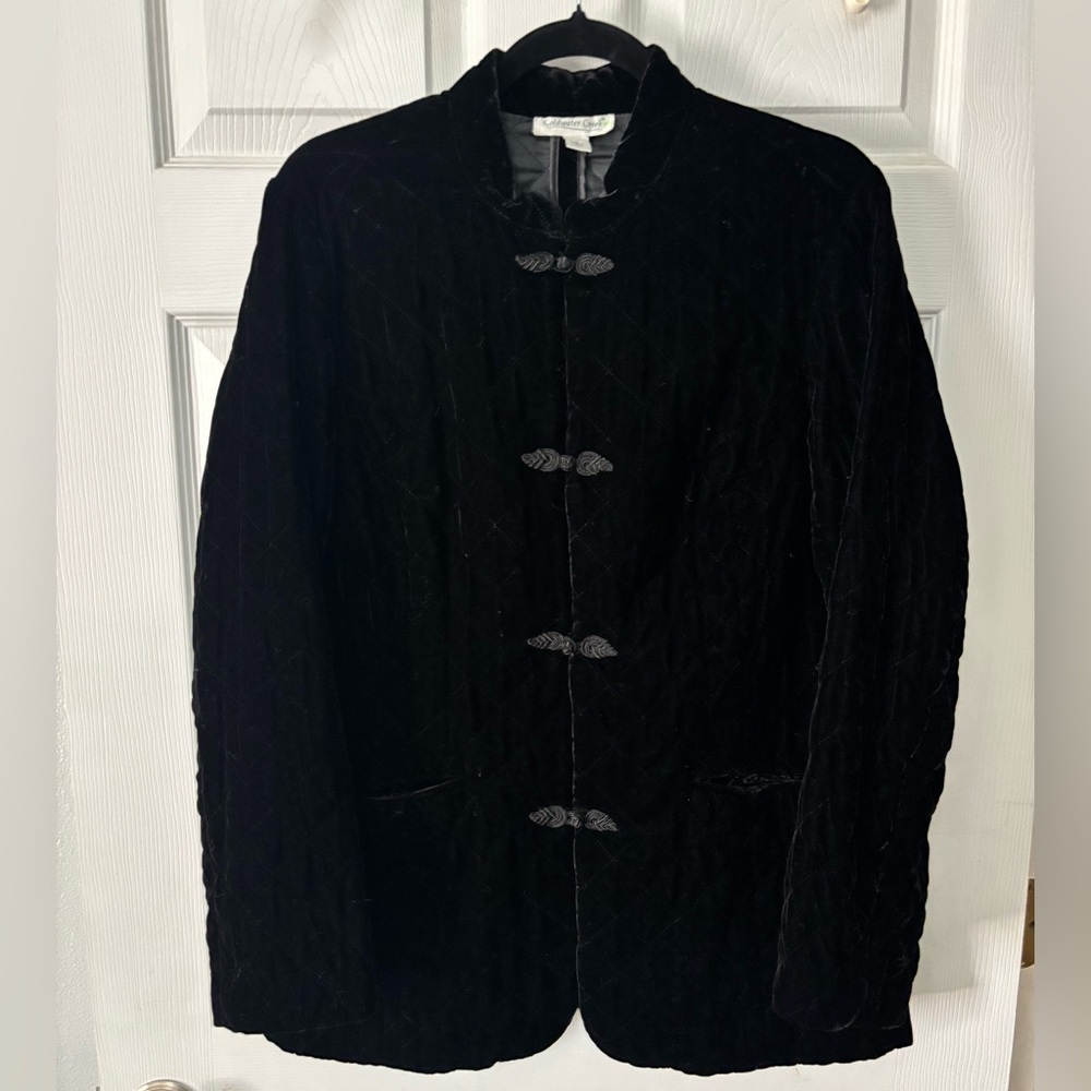 Coldwater Creek Lg Black Velvet Jacket Blazer Quilted Mandarin Collar Evening